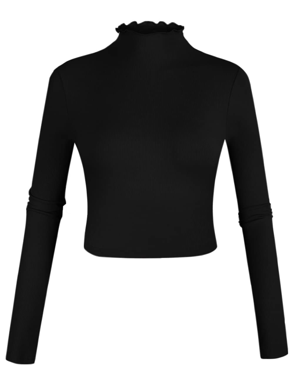 POPZONEWomen's Long Sleeve Turtleneck Shirt Mock Neck Tops Ribbed Lettuce Trim Crop T-Shirt