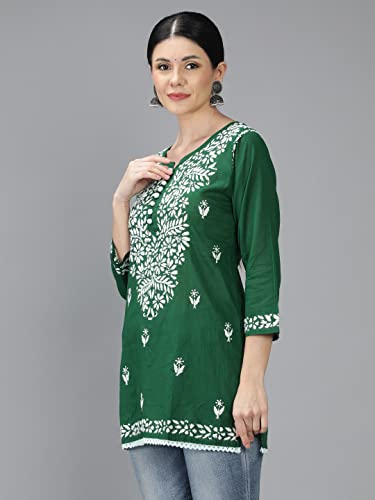 Image of Seva Chikan Hand Embroidered Lucknowi Chikankari Cotton Short Top Tunic for Women SCL9017