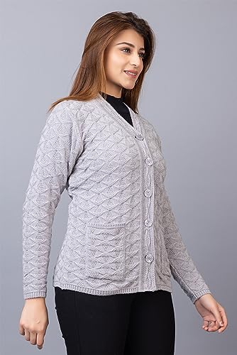 Image of Women Woolen V Neck Casual Wear Stylish Cardigan Sweaters for Winter with Front Pockets