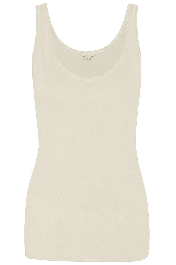 New Ladies Women Solid Wide Shoulder Tall Vest Scoop Neck Tank Top Cream