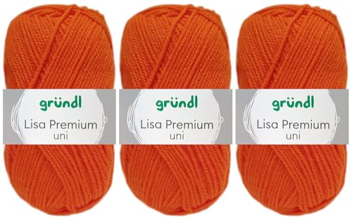 3x50 Gramm Gründl Lisa Premium Uni aus 100% Polyacryl inkl. Anleitung für Meerschwein (11 Orange)