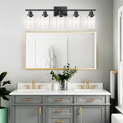 Image of Ascher 5-Light 37.8 inch Wall Sconces, Modern Vanity Light Fixture with Clear Glass Shade, Black Finish Wall Light for Mirror Bedroom Hallway, E26 Base (Bulbs Not Included)