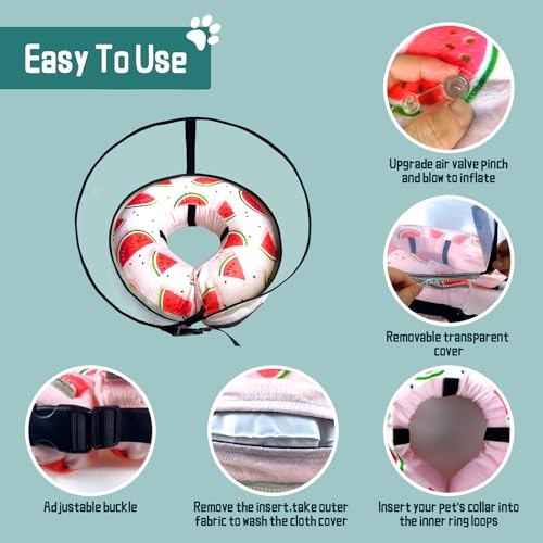 Image of Ovatt PVC inflatable pet collar for small medium and large dogs after surgery ,Washable Dog Cone Collar w /Removable Hard Cone for Dogs After Surgery (Watermelon, L)