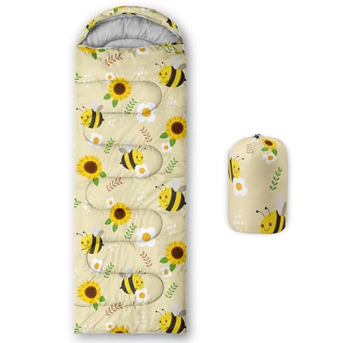 AILONEN Cute Bee Sleeping Bag for Kids Girls Boys Yellow Slumber Bag Adults Outdoor Camping Hiking Travel Portable Compression Lightweight & Waterproof Microfiber with Compact Carrying Bag