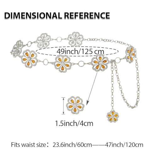 ELABEST Rhinestone Flower Chain Belt for Women Mental Waist Chain Sparkling Gold Silver Chain Belts for Dresses4