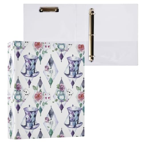 Fustylead Top Hat and Playing Cards on Diamond-Shaped Background 3 Ring Binder, 1.5" D-Ring Hardcover Folder with Clipboard & 3 Clear Pockets, Holds 200 Sheets A4 Size Paper for School Home Office