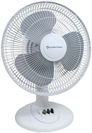 Comfort Zone CZ121WT 12” 3-Speed Oscillating Table Fan with Adjustable Tilt, Convenient Push Button Controls, Quiet Operation, White