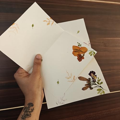 Image of PetalsByShweta, Pack of 6, A5 size pressed flower & watercolor painted letter writing papers & Envelopes with tags . White Kraft Paper Envelopes | Envelopes for cards | Pressed Flower Design | invitation writing paper | Thank you notes writing (Mogra white) (Mogra white)