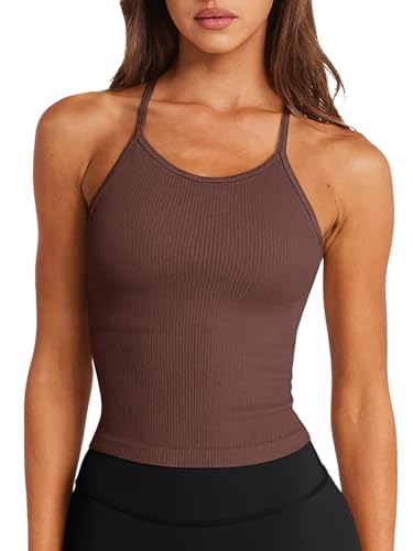 Image of LASLULU Womens Sports Bra Seamless Long Tank Spaghetti Strap Workout Bra