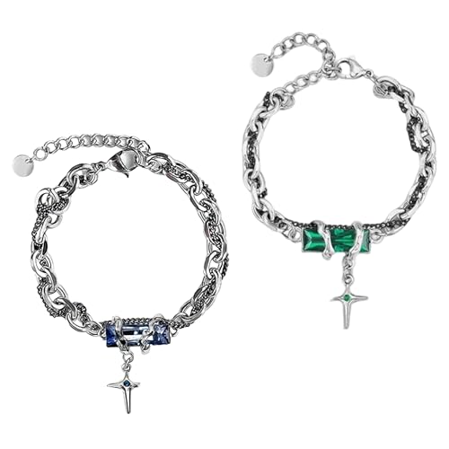 Image of 2PCS Gothic Punk Bracelet Double for Men-Linked Chain Adjustable Black Green Twisted Design Biker Jewelry Gift for Boyfriend Husband