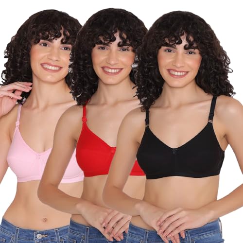 Image of INKURV Cotton Hosiery Bra for Women's Daily use, Full Coverage Bra for Regular wear, Non Padded, Non Wired Everyday Bra with Rich Cotton-Zoe Combo of 3