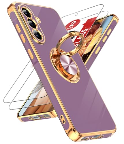 LeYi for Samsung Galaxy A36-5G Case: with 2 Pack Tempered Glass Screen Protector and 360° Rotatable Ring Holder Magnetic Kickstand, Plating Rose Gold Edge for A36 5G Case, Purple