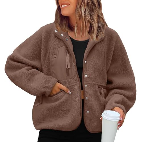 Womens Fleece Jacket Fall Zip Up Sherpa Fuzzy Coats Oversized Winter Patchwork Jackets Outerwear Clothes with Pockets
