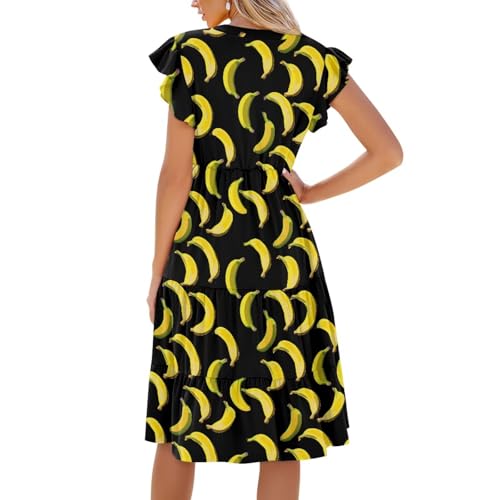 Image of Women's Casual Ruffle Sleeve Dress V Neck Pullover Dress Flowy A-Line Pleated Lightweight Dress with Pockets