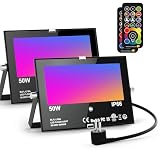 RGB LED Strahler Außen mit Fernbedienung, 2PCS RGBW 5000LM Dimmbar Farben Außenstrahler Outdoor, 3000K Warmweiß Fluter Flutlichtstrahler Farbwechsel Beleuchtung Flutlicht Garten IP66 Wasserdicht
