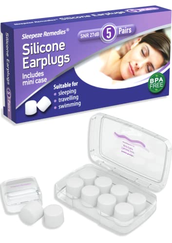 Sleepeze Remedies Silicone Ear Plugs Reusable 5 x Clear, Premium Waterproof Noise Cancelling Ear Plugs, Disposable Wax Earplugs for Sleeping, Ear Defenders for Travel, Snoring, Swimming, Adults, Kids