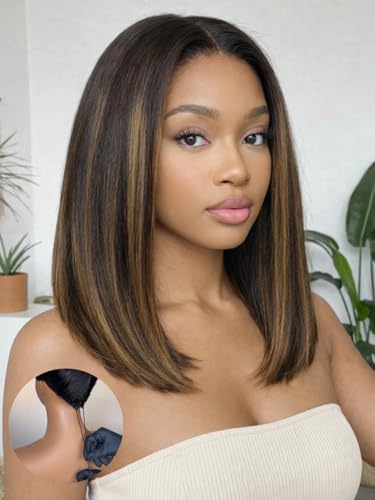 Image of Sunber Ombre Brown Balayage Yaki Straight Bob Glueless Wigs Human Hair Bye Bye Knots Pre cut 7x5 Lace Front Wig Pre Plucked Pre Bleached Knots Put and Go Highlight Brown Short Bob Wig 10Inch