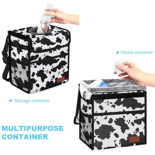 Image of Femuar Leak Proof Car Trash Can with Lid, Collapsible Hanging Waterproof Car Trash Bag with Mesh Pocket for SUV Front Seat Headrest, Large /Cow Print
