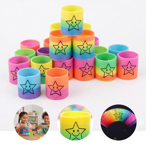 ASPIRE UK 12 Rainbow Springs Mini Star Smiley Face Slinky Toys Colourful Plastic Fidget Springs for Kids Party Bags Pinata Fillers Party Favours and Party Supplies Toys for Boys and Girls