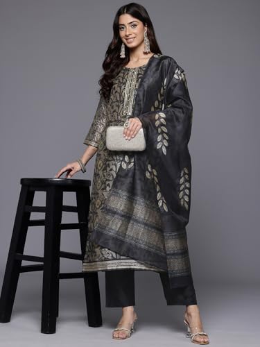 Image of Varanga Women Floral Printed Kurta Pant Set with Dupatta | Silk Blend Fabric | Summer Wear | 3 /4 Sleeve Round Neck | Lightweight & Comfortable Daily Wear