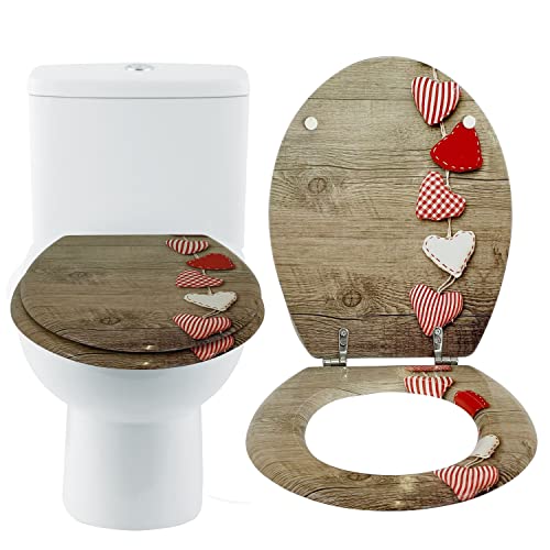 AQS INTERNATIONAL - Novelty Sturdy Luxury Wooden Toilet Seat- Oval Shaped, Resin Retro Durable MDF 3D Effect Printed Design, Stainless Steel Adjustable Hinges, Loo WC Toilet Seat (Heart Design)