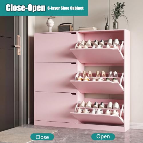 Image of Xixini Shoe Storage Cabinet for Entryway with 6 Flip Drawers, Sturdy Wood Hidden Shoe Storage, Freestanding Narrow Slim Shoe Organizer for Front Door Entrance, Living Room, Hallway, Bedroom, Pink