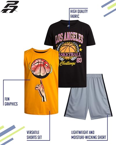 Pro Athlete Conjunto de shorts esportivos para meninos - 3 peças, camiseta regata e shorts de basque