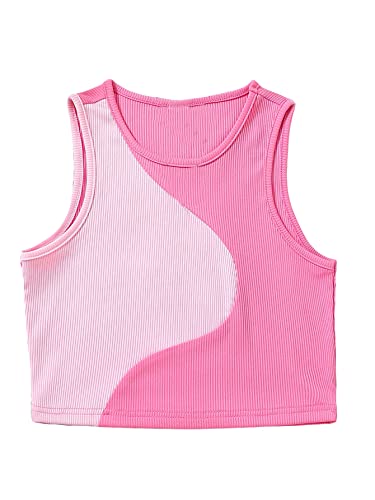 Image of SHENHE Girl's Colorblock Ribbed Knit Round Neck Sleeveless Slim Fit Tank Top Pink 9Y
