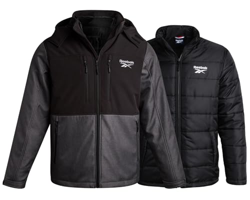 Image of Reebok Mens Winter Coats - 3 in 1 System Hooded Softshell Windbreaker Jacket and Quilted Puffer Insulated Mens Ski Jacket