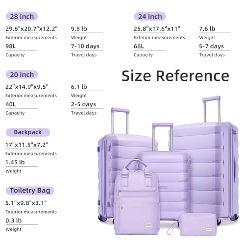 Image of Luggage Sets 5 Piece, Large Suitcase Set with Spinner Wheels, Carry on Luggage Set with Backpack for women (3 piece set,Lavender)