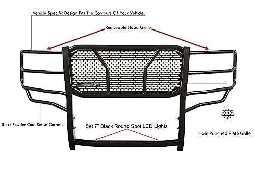 Image of Black Horse Rugged Heavy Duty Grille Brush Bumper Guard Modular Black Come with Pair of 7.0 inch Dia.LED Lights with Black Trim Rings Compatible with 2011-2014 Silverado 3500 HD /2500 HD-RU-CHSI11-B-PLB