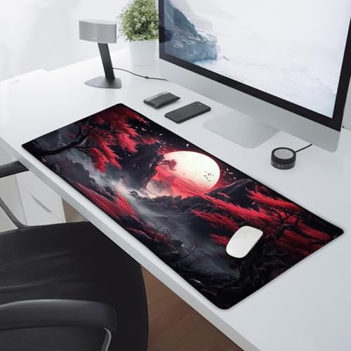 Image of Black Red Japanese Mouse Pad XXL Moon Sakura Cherry BLoosm Tree Extended Table Mat 90X40 cm Non-Slip Rubber Base Stitched Edge Large Mousepad for Gaming Laptop Computer Desk Top 35.4x15.7 Inch