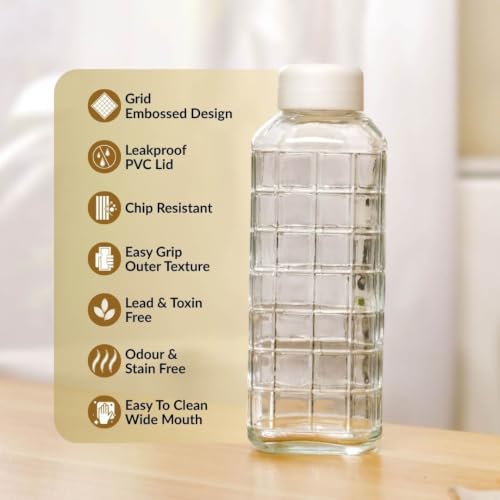 Image of Nestasia Glass Water Bottle Set of 2 (720ml Each) | Grid-Embossed Leakproof Glass Bottle Set with Cap for Juice, Milk, Detox Water, Office & Daily Use | Transparent & Durable Fridge Water Bottle