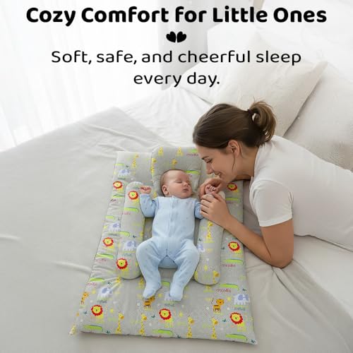 Image of StarAndDaisy Newborn Baby Bedding Nest 100% Cotton Cushioned Mattress Sheet with 2 Side Bolster Pillows & 1 Head Pillow Breathable & Soft Boys & Girl Design (Animal Print)