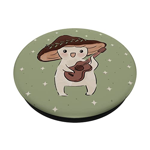 Cute Kawaii Mushroom Guitar Cottagecore Sage Green Women PopSockets Adhesive PopGrip, Black - Image 2