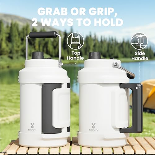 Image of 1 Gallon Insulated Water Bottle for Sports: Meoky 128 oz Triple Wall Vacuum Stainless Steel Water Jug - Top and Side Handles, Cold for 48 Hrs, 2-in-1 Straw and Spout Lid, Leak Proof for Hiking (Ivory)