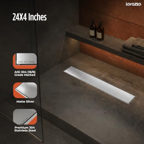 Image of Lorazzo Linea Tile-Insert SS304 Shower Drain Channel 24x4 Inch | Built-in Cockroach Trap | Stainless Steel Floor Drain | Silver Finish | Bathroom Shower Drain | 10 Year Warranty