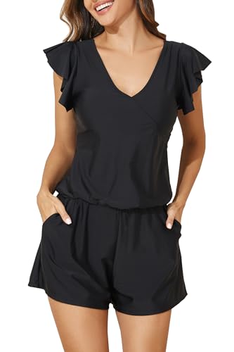Smismivo Swim Romper with Built in Bra and Pockets Swim Dress for Women Swimwear Modest One Piece Swimsuit with Shorts Ruffle Sleeve Full Coverage Bathing Suit Swimming Suits 2025 (Black)