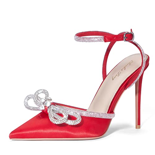 Zhabtuc Tacones altos de aguja para mujer con lazo de diamantes de imitación, sexy, punta cerrada, bowknot de satén con tacón de aguja, elegantes correas de tobillo, sandalias de tacón alto para