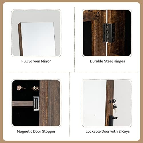 CASART 3-in-1 Jewelry Cabinet, Mobile Cosmetic Jewelry Armoire with Drawer, Full Length Mirror & 4 Wheels, Free Standing Lockable Makeup Storage Organizer for Living Room Dressing Room (Rustic Brown)
