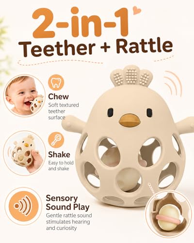 Image of Tinabless 2-in-1 Baby Teether Rattle Toy, Easy Grip Silicone Teething Toy for Babies 3-12 Months, BPA-Free Sensory Chew Toy for Sore Gums, Infant Shower Gift (Beige w /Rattle)