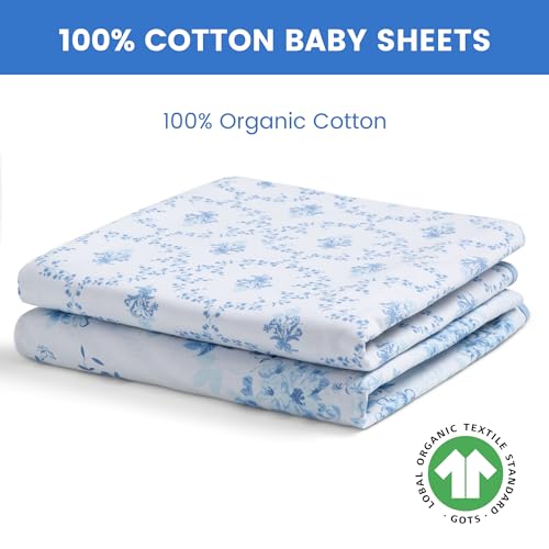 Image of Delta Children Fitted Crib Sheets for Girls and Boys - 100% Organic Cotton Crib Sheet for Standard Crib and Toddler Mattresses - 28x52 Inch - GOTS Certified (Pack of 2), Blue Botanicals