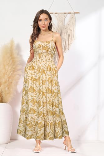 Image of GRACE KARIN Summer Dresses for Women 2026 Vacation,Smocked Floral Maxi Dress,Boho Beach Sundress with Pocket Fashion Clothing