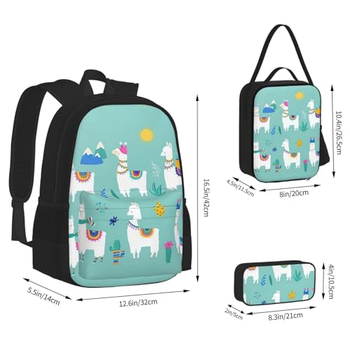 Alpaca Llama Print 3 Piece Set Backpack, Lunch Bag, Pencil Case, Cute Sturdy For College And Travel4