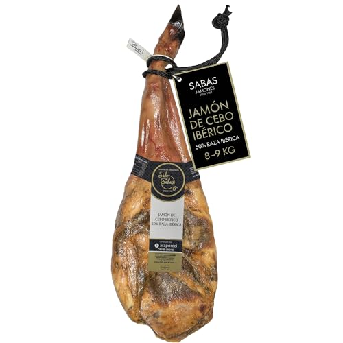 SABE A SABAS Jamon de Cebo Iberico 50% Raza Iberica 8 a 9 kg Pieza Entera Curacion Bodega Natural Mas de 30 Meses Sabor Jugoso Gourmet Sin Gluten Regalo Premium Tabla Aperitivo Celebracion Eventos