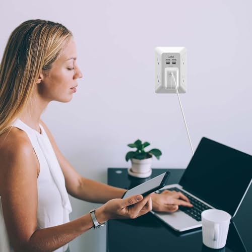 Outlet Extender, Surge Protector Outlet with 5-Multi Plug Outlet and 4 USB Ports(2 USB C), 3-Sided 1680J Power Strip Wall Charger, Multiple-Plug Outlet Splitter for Home Travel Office,ETL Listed,White