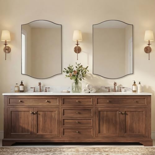 Image of ANDY STAR 26 inchx38 inch Scalloped Mirror for Bathroom，Brushed Bronze Rectangle Wall Mirror with Curved Edge Stainless Steel Metal Frame, Wall-Mounted Mirror for Bathroom, Entryway, Living Room