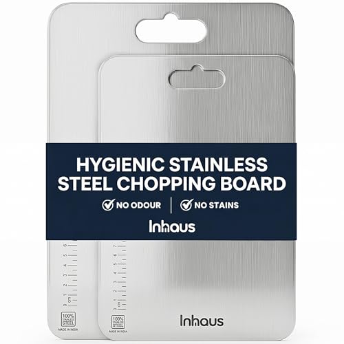 Image of Stainless Steel Chopping Board Set of 2 (31x21 cm + 35x25 cm) | 304 Steel Cutting Board for Kitchen Large & Medium | Rust Proof Chopper Board | Odour Free Vegetable Cutting Board