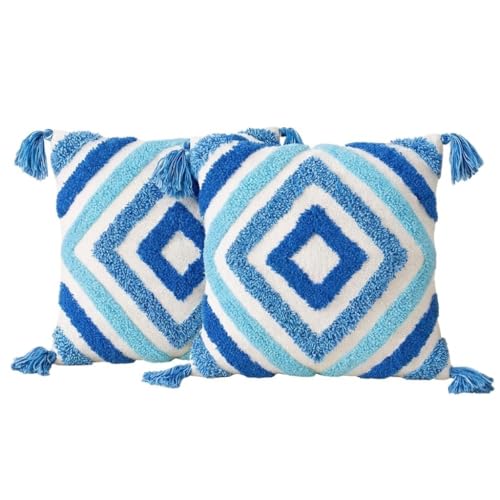 Image of Cushion Cover Pack of 4 (16x16 Inches) | Cotton Textured Decorative Throw Pillow Case for Sofa Bed Living Room Tufted Cushion Cover with Tassels (Blue Dimond)
