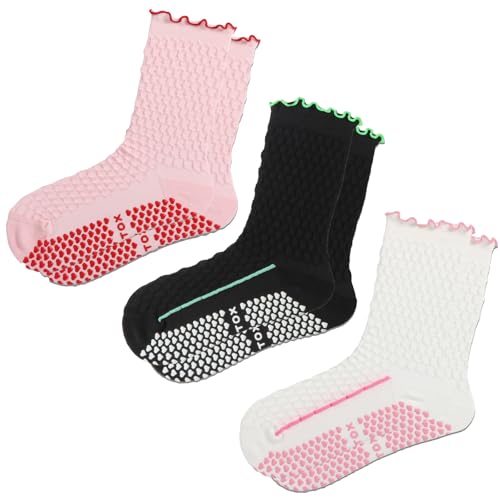 Ruffle Pilates Socks with Grips for Women- Cute Non-Slip Grippy Yoga Socks for Yoga, Pilates, Ballet & Barre, Ideal Gifts-3 Pairs